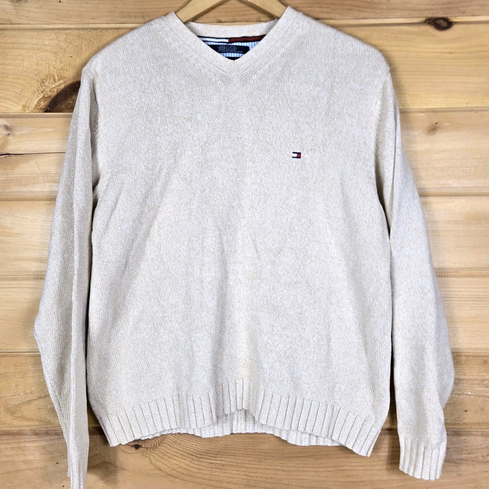 Tommy Hilfiger V-Neck Cotton Sweater Jumper Beige Cotton Classic Mens Small